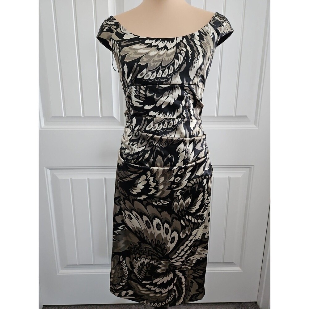 London Times 8 Sheath Sleeveless Satin Black Tan Dress Ruching Bra Strap Holders